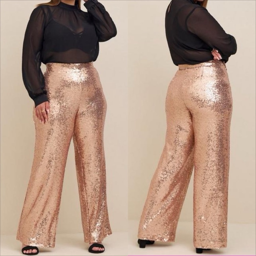 Torrid Pull-On Wide Leg Sequin High-Rise Pant in rose gold champagne tan beige